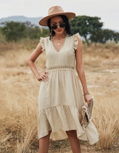 Beige dress with crochet lace ruffle and V-neck