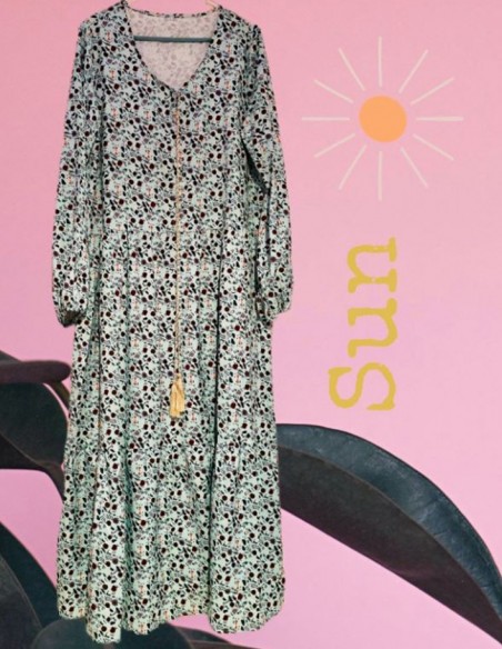 Bohemian long dress with floral print and pompoms