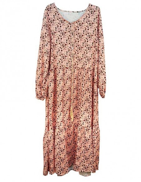 Bohemian long dress with floral print and pompoms - pink