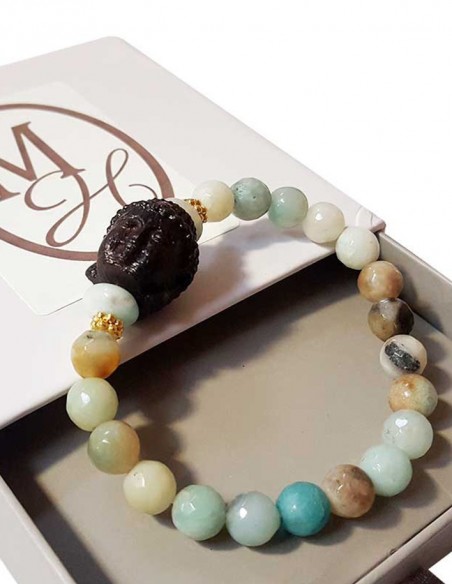 Bracelet tête de Bouddha amazonite et pierres de rivière