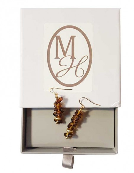 Golden seed beads and brown crystal pendant earrings