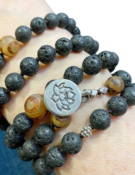 Mala bracelet or necklace with lava stone and agate lotus pendant