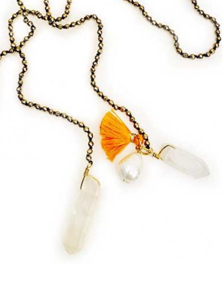 Collier à nouer en hématite, nacre et cristal de roche