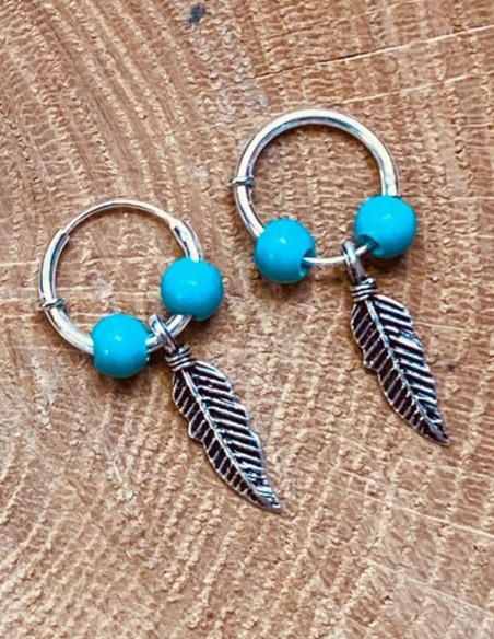 Oorbellen Veren en blauwe turquoise kralen 925 zilver