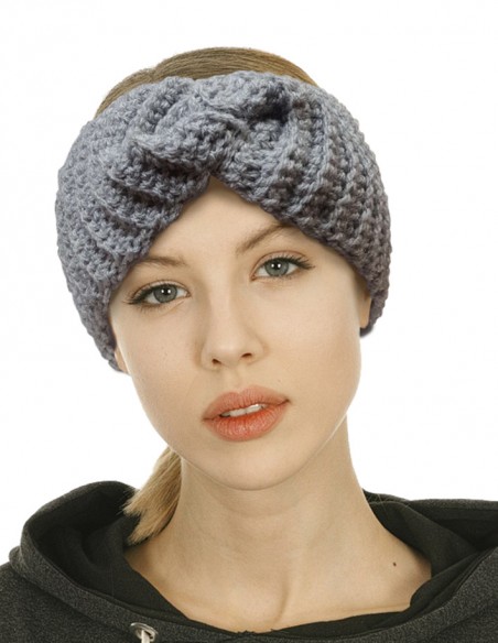 Bandeau de tête torsadé gris en laine fait main