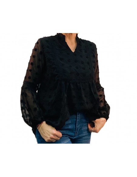 Chemisier en mousseline à pois manches longues bohème chic