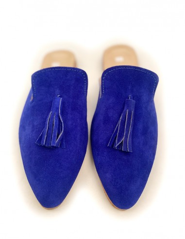 Mokassin-Sandalen aus Wildleder mit blauen Pompons