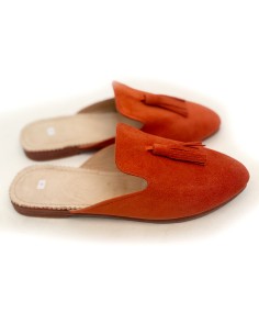 Mules mocassins en daim avec pompon orange corail