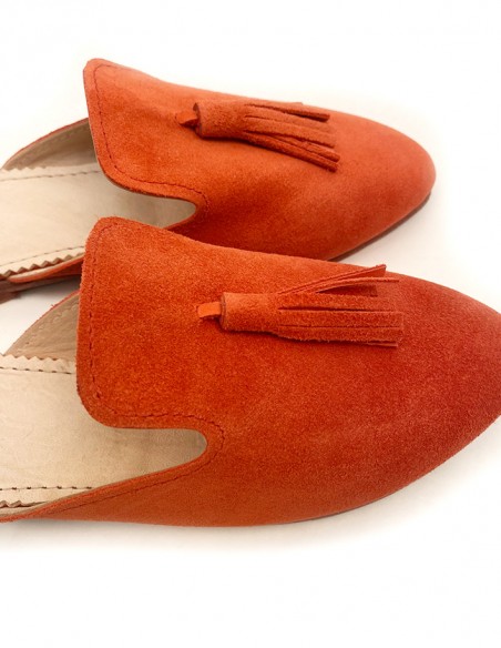 Mules mocassins en daim avec pompon orange corail