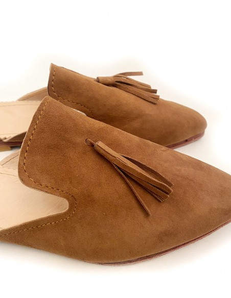 Sandale Mules mocassins en daim avec pompon brun Kamel