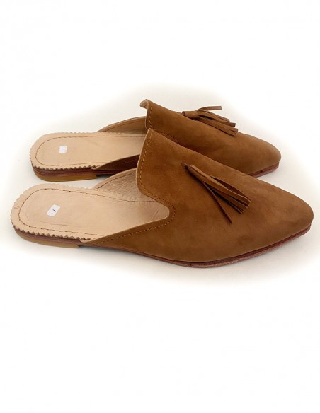 Sandale Mules mocassins en daim avec pompon brun Kamel
