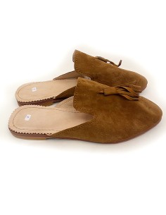 Sandale Mules mocassins en daim avec pompon brun Kamel