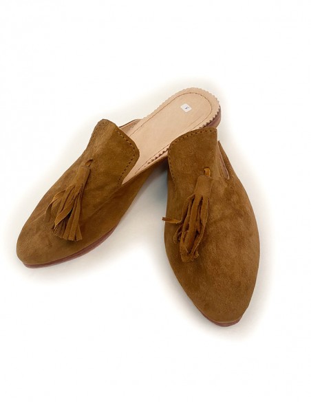 Sandale Mules mocassins en daim avec pompon brun Kamel