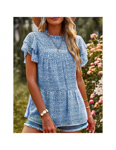 Bohemian chic bloemenblouse, korte mouwen met ruches