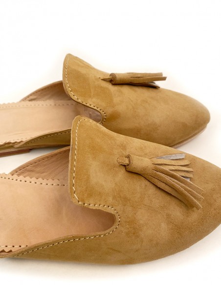Suede moccasins with green beige pompon