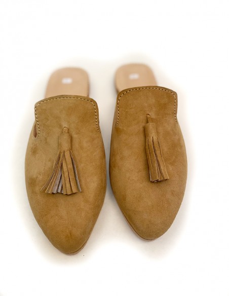 Mules mocassins en daim avec pompon beige vert