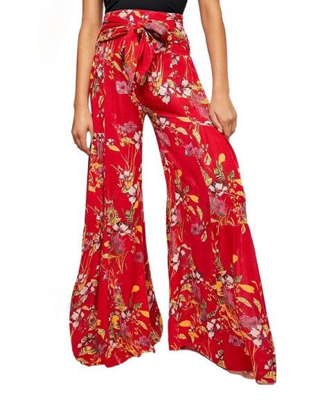 Pantalon fleuri rouge avec volants souple et ample