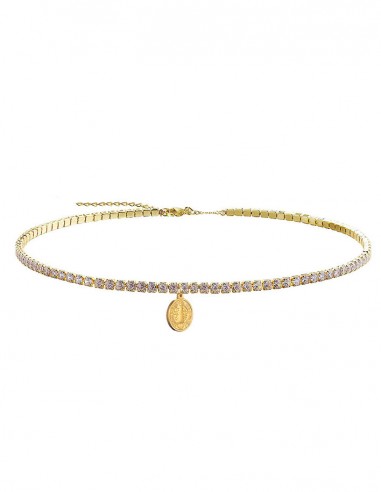 Collier strass avec médaille Saint Benoît ras de cou acier inoxydable doré