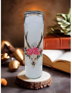 7-Tage-Kerze aus Glas, Totenkopf-Hirsch mit Blumen