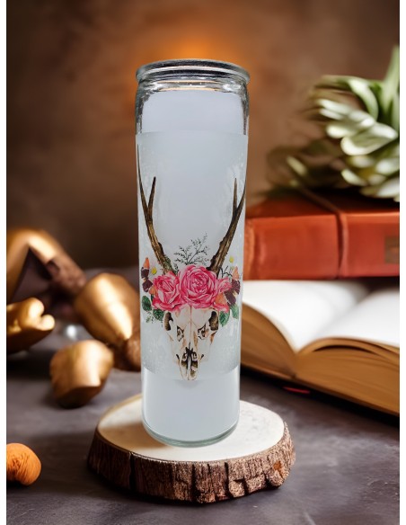 Bougie 7 jours en verre crâne cerf fleuri