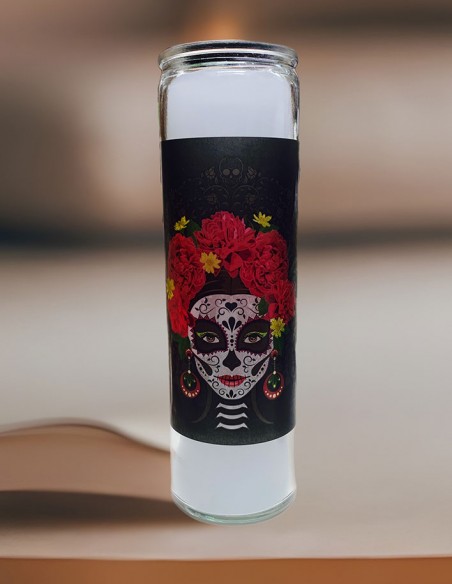 Bougie 7 jours en verre Dia de Los Muertos - femme maquillée