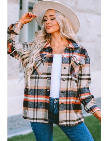 Warm checked shirt for women - beige orange red