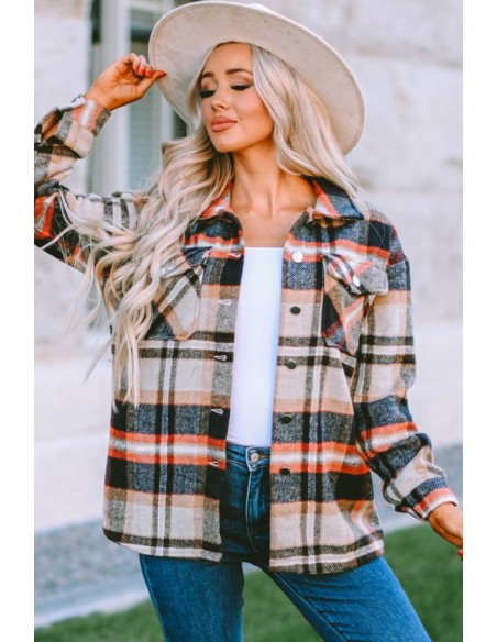 Warm checked shirt for women - beige orange red
