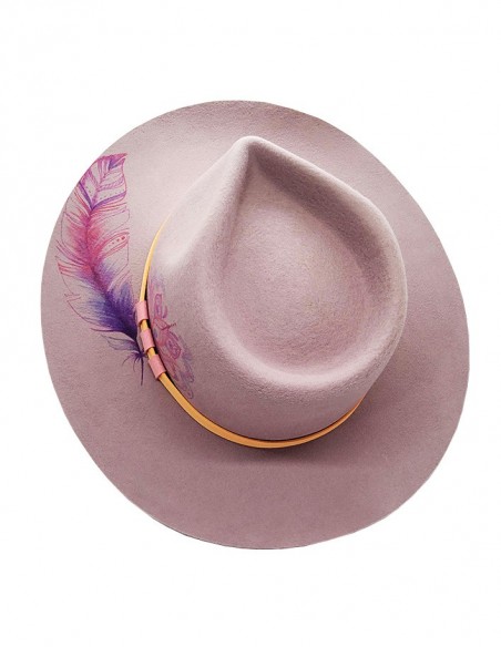 Individueller Filz-Fedora-Hut - Lavendel-Mandala und Feder