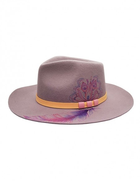 Individueller Filz-Fedora-Hut - Lavendel-Mandala und Feder