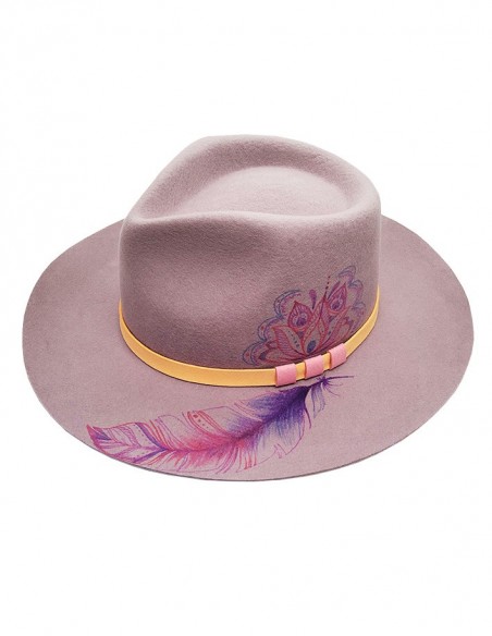 Individueller Filz-Fedora-Hut - Lavendel-Mandala und Feder