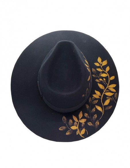 Customized wide-brimmed black wool bogart hat - gold leaves