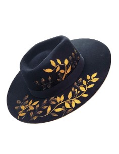Customized wide-brimmed black wool bogart hat - gold leaves
