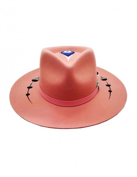 Chapeau fedora en feutre customisé - rose lune et oeil