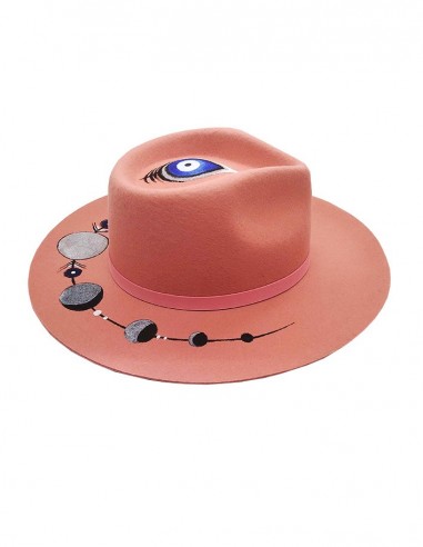 Chapeau fedora en feutre customisé - rose lune et oeil