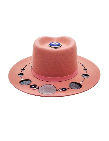 Chapeau fedora en feutre customisé - rose lune et oeil