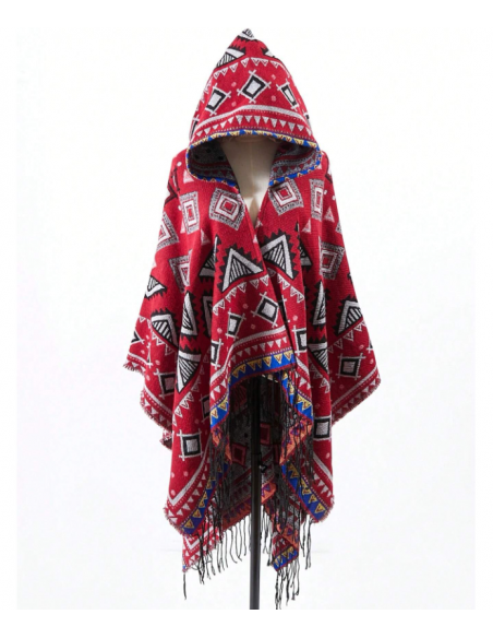 Poncho cape ethnique style boho rouge