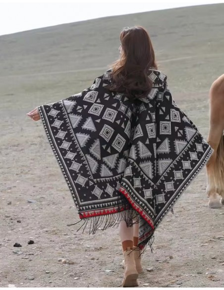 Poncho etnische cape boho stijl zwart