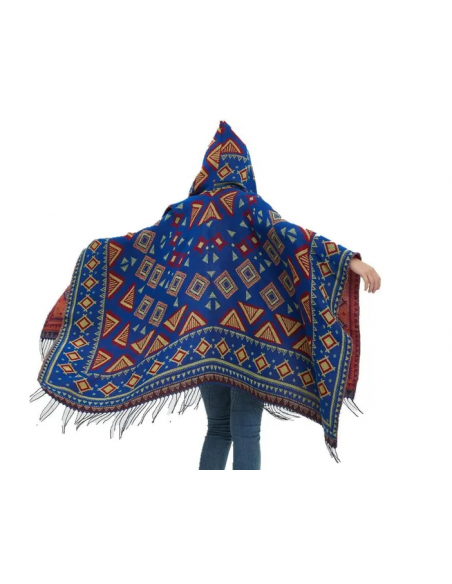 Poncho cape ethnique style boho bleu
