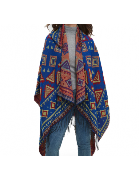 Poncho cape ethnique style boho bleu