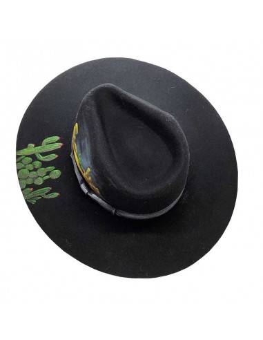 Chapeau bogart noir en laine à large bord customisé - cactus