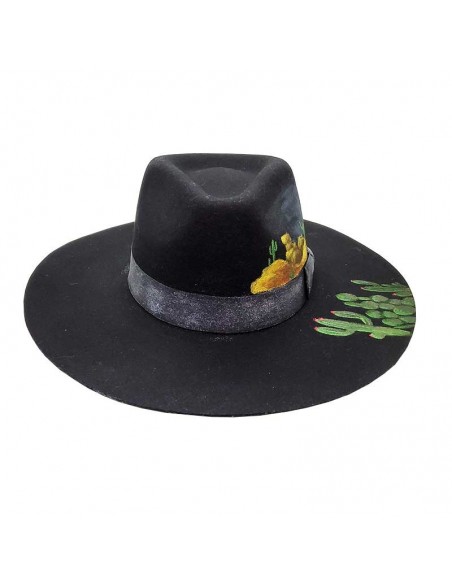Chapeau bogart noir en laine à large bord customisé - cactus
