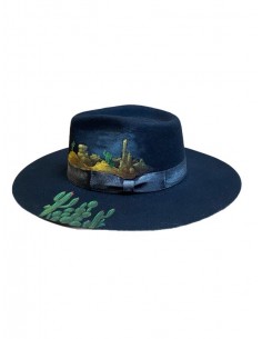 Chapeau bogart noir en laine à large bord customisé - cactus