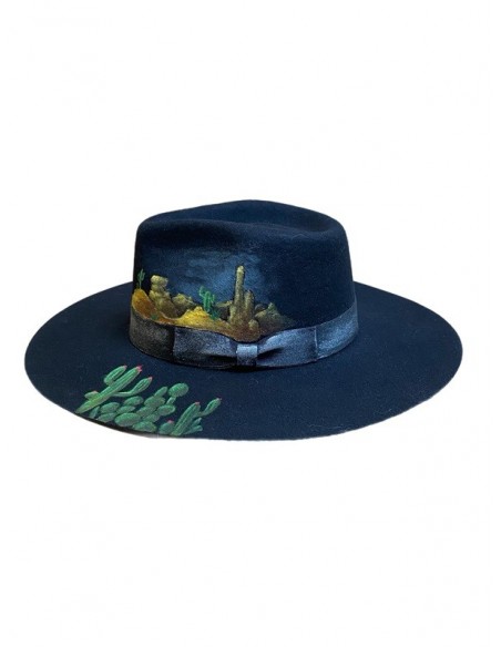 Customized wide-brimmed black wool bogart hat - cactus
