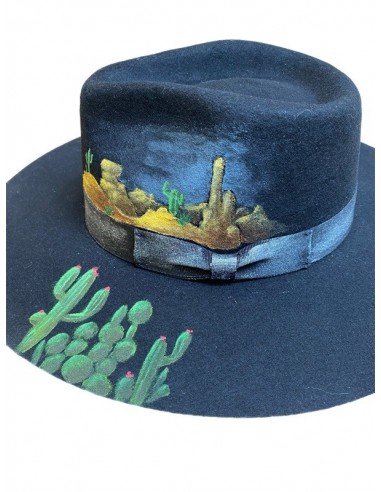 Chapeau bogart noir en laine à large bord customisé - cactus