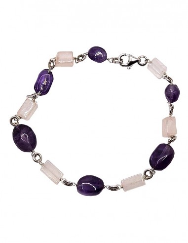 Bracelet argent 925 en améthyste et quartz rose