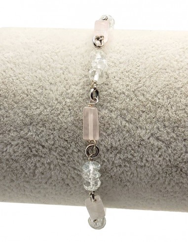 Bracelet argent 925 en quartz rose et cristal de roche