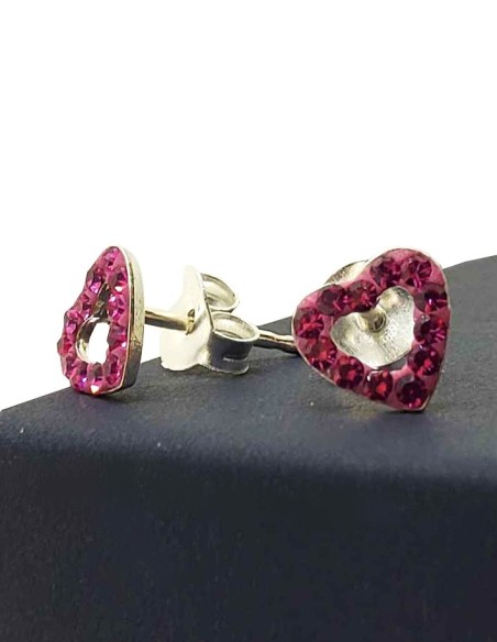 Fuchsia Kristall Herz Ohrringe - 925er Silber
