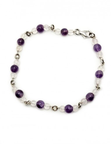 Bracelet argent 925 en améthyste et cristal de roche - perles rondes