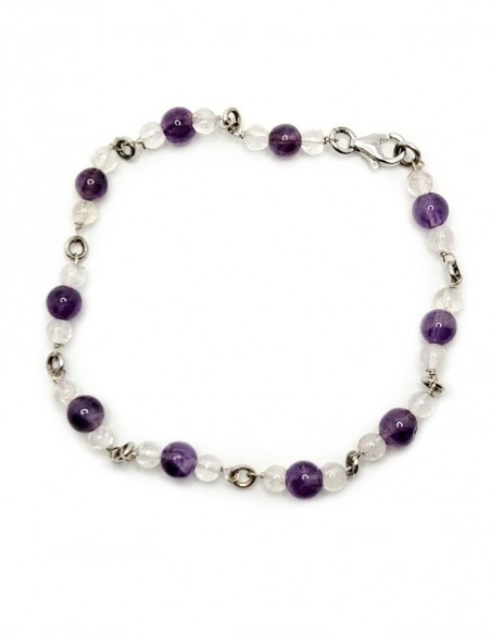 925 Sterling Zilver Amethist en Bergkristal Armband - Ronde Kralen
