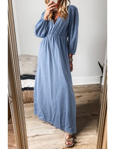 Myosotis Chambray Maxi-jurk met diepe V-hals – Elegantie